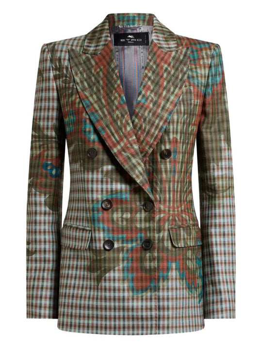 Blazer A Quadretti Con Stampa Floreale