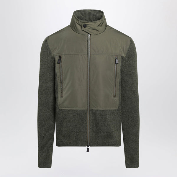 Olive Green Cardigan In Wool With Polyester Inserts