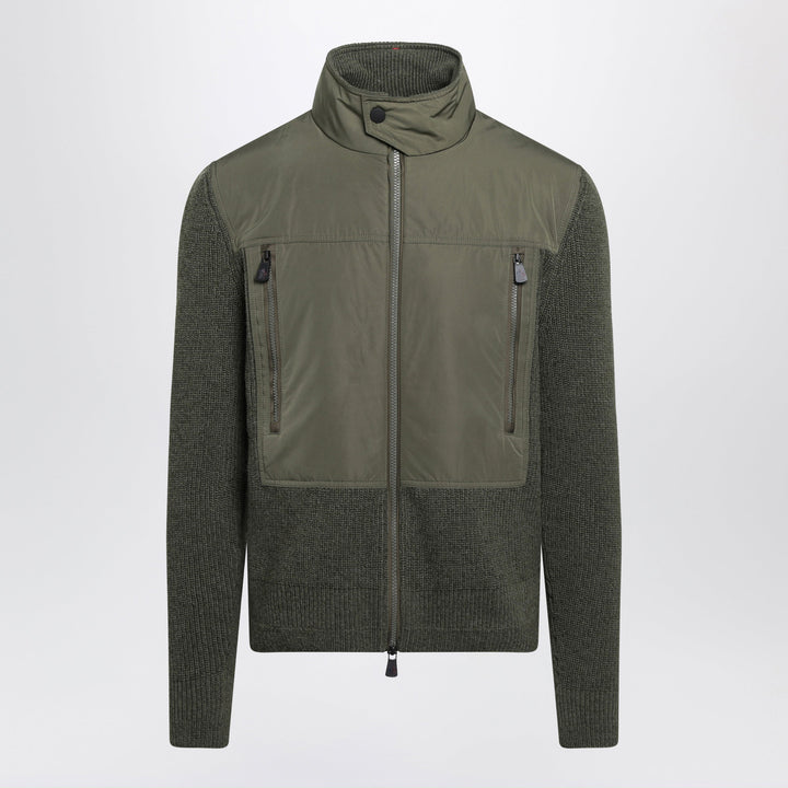 Moncler Grenoble Olive Green Cardigan In Wool With Polyester Inserts