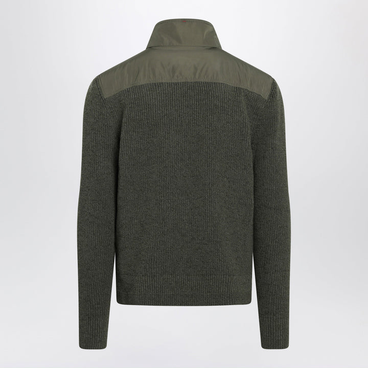 Moncler Grenoble Olive Green Cardigan In Wool With Polyester Inserts
