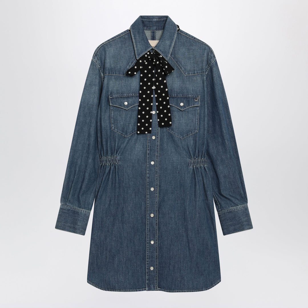 Valentino Garavani Robe en Denim Bleu Medium Avec Foulard à Pois