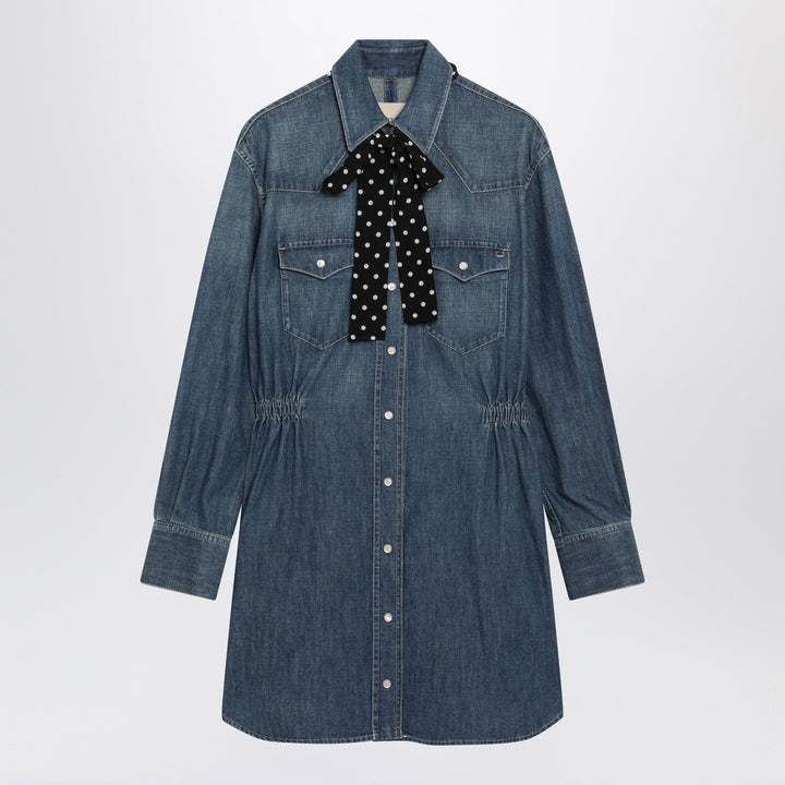 Valentino Garavani Robe en Denim Bleu Medium Avec Foulard à Pois