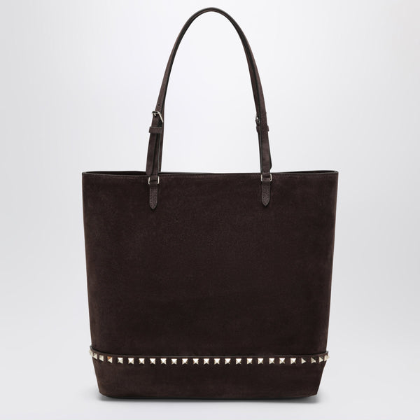 Medium Rockstud Shopper Bag In Ebony Brown And Black Suede