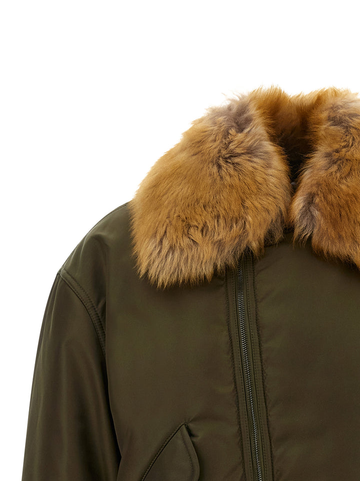 Saint Laurent Removable Shearling Neck Bomber Jacket Puffer Jackets - Verde | 91ebdcdfd93c747a6b6d15732d26c1945fa25ec9