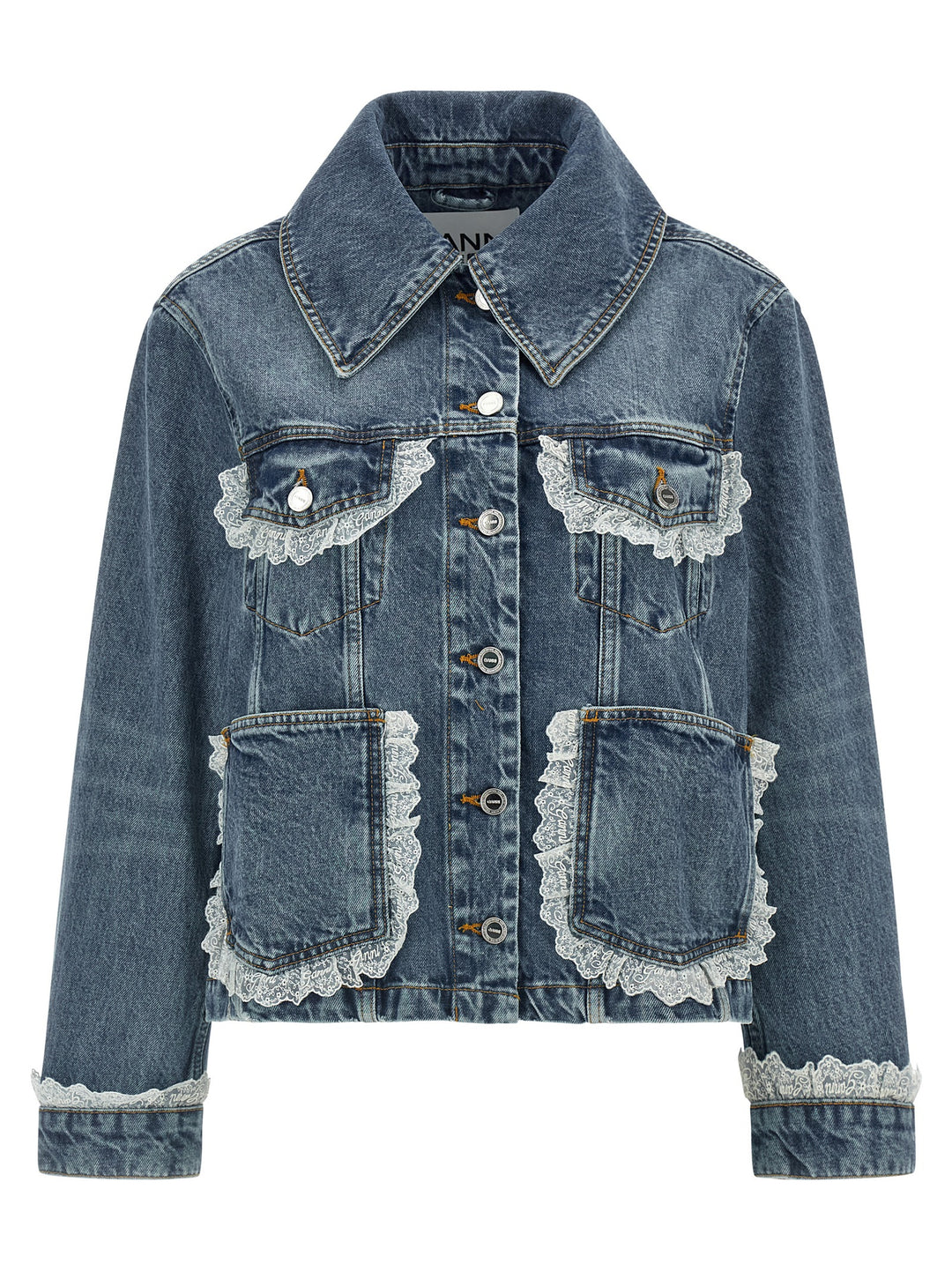 Ganni Denim And Lace Jacket Puffer Jackets - Blu | 410e03c6db91f2cf7b420b4bd0a0014732648ff2