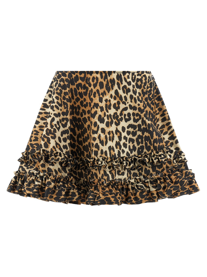 Ganni Leopard Duchesse Nylon Mini Frill Gonne - Marrone | 0c13c15e3d48d977a50706c399b6e68bccd9eeec