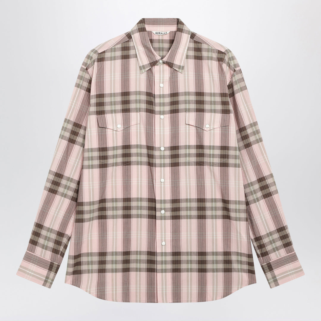 Auralee Chemise Rose à Carreaux en Coton et Soie