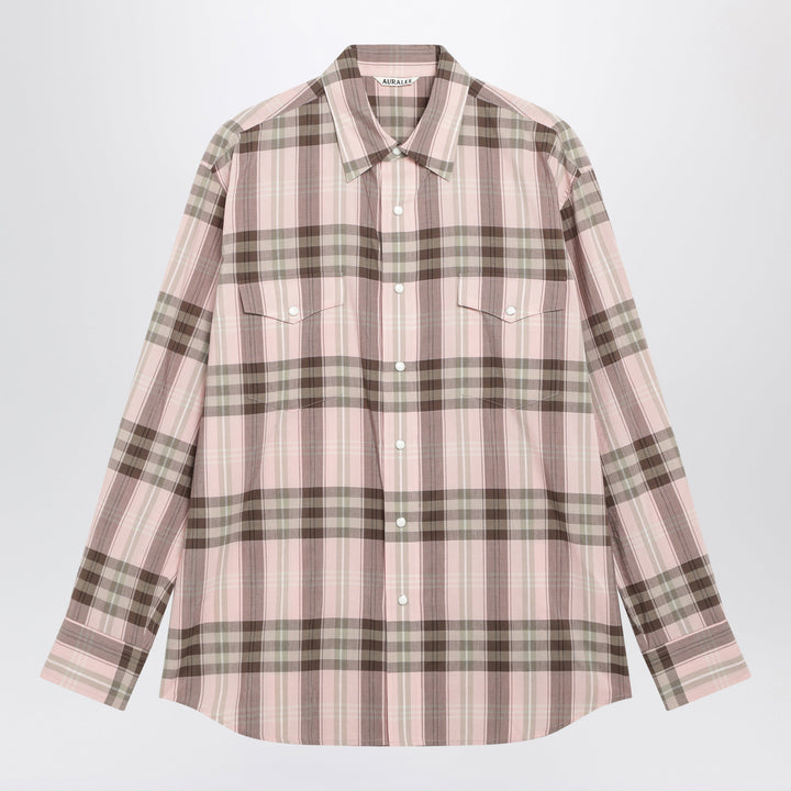 Auralee Chemise Rose à Carreaux en Coton et Soie