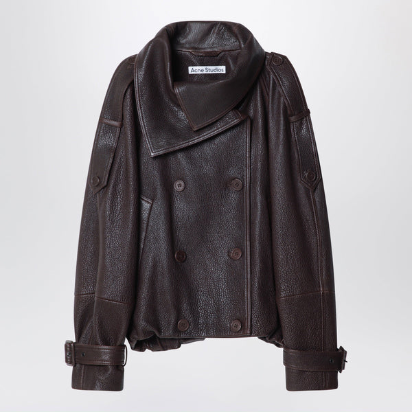 Dark Brown Cropped Leather Trench Coat