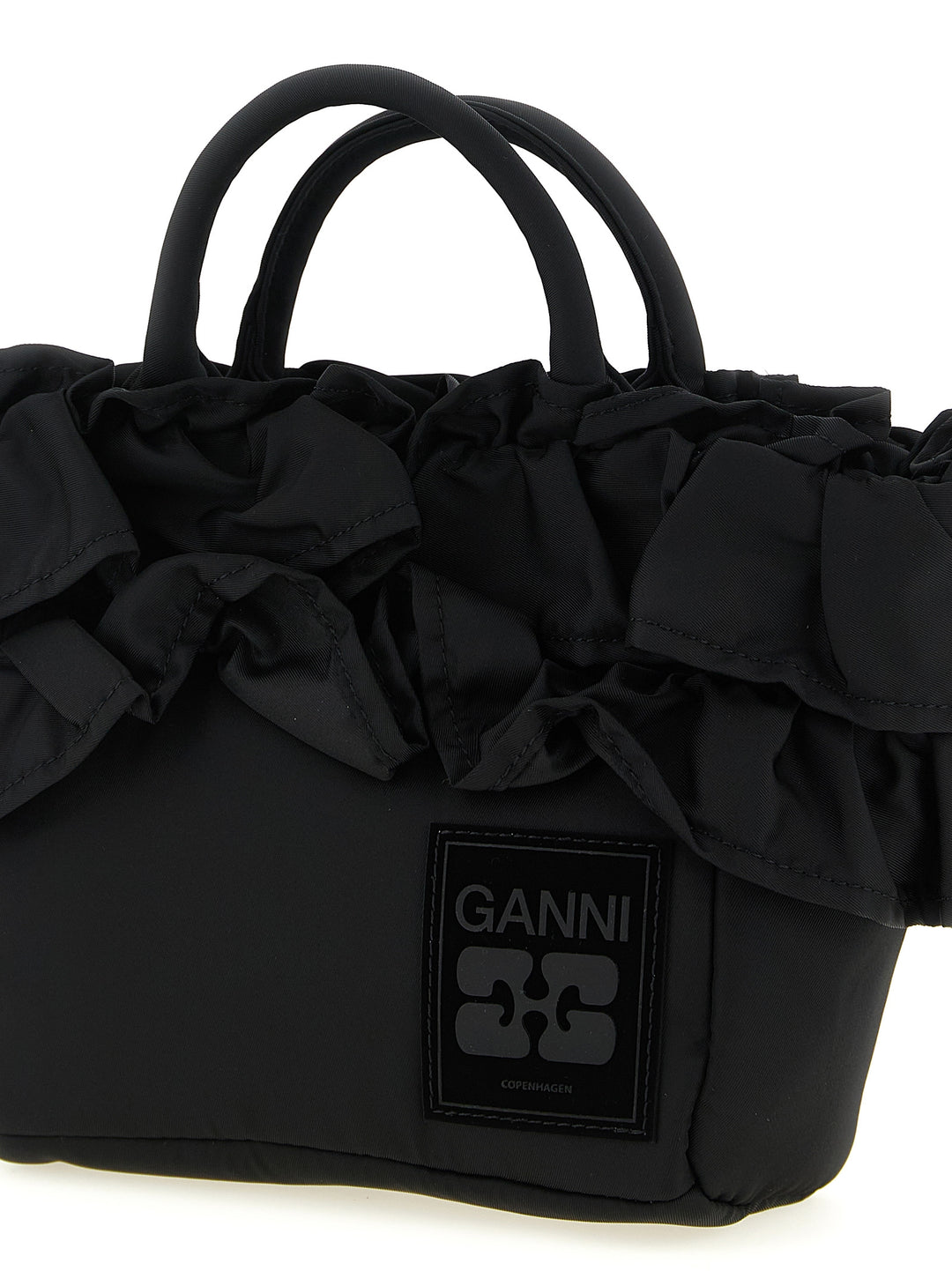 Ganni Mini Shopper Ruffle Borse a Mano - Nero | 88a211603613c39b495395ad9c87dac3a978d58a