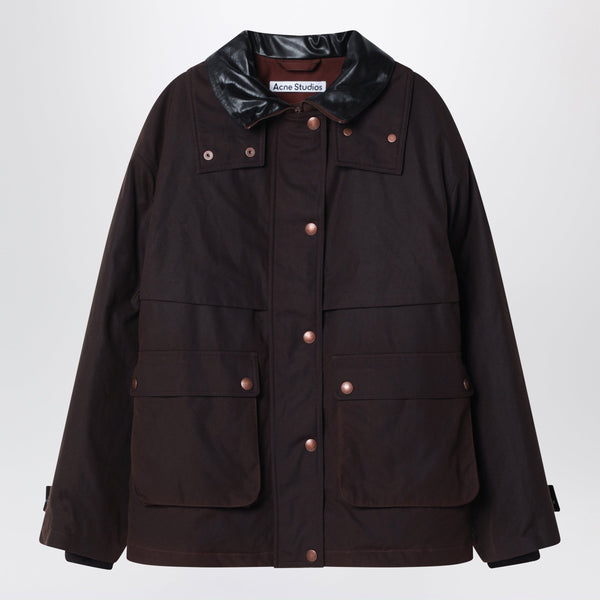 Dark Brown Jacket In Waxed Organic Cotton Canvas