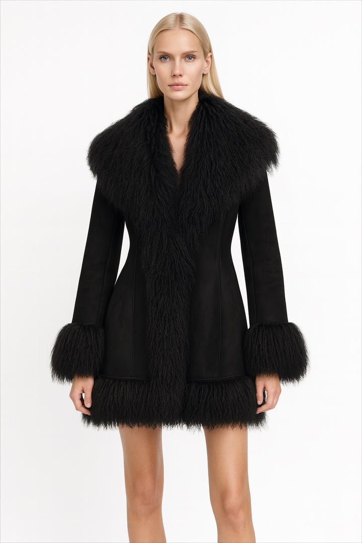 Cappotto Billy nero in camoscio e Mongolia