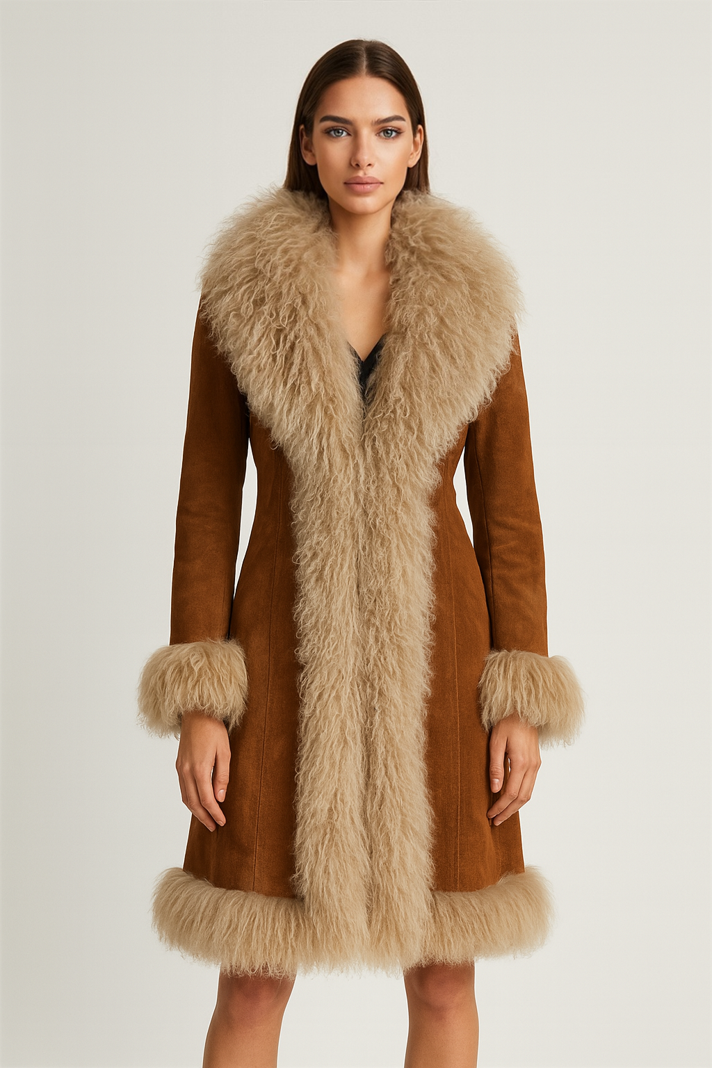 Cappotto Billy Camel in camoscio e Mongolia