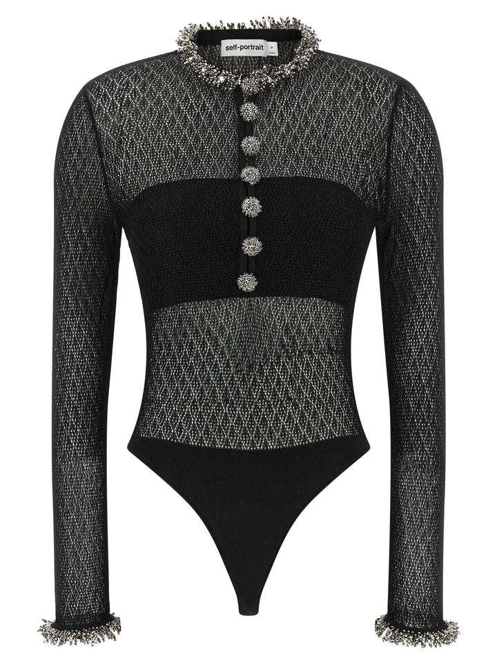 Self Portrait Openwork Knitted Bodysuit Top - Nero | 54406f7dc78dd4c7a12c01bde7fd7ef2014d71af
