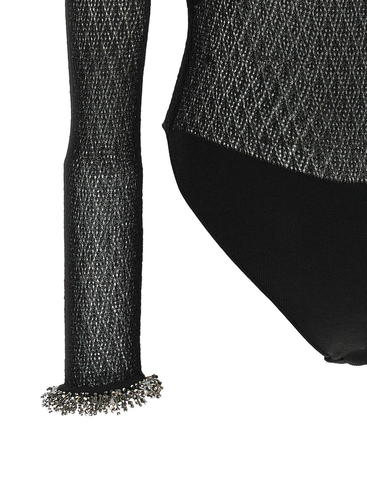 Self Portrait Openwork Knitted Bodysuit Top - Nero | 4473ab054bf436d3f91ccd144655df7512bd91a7