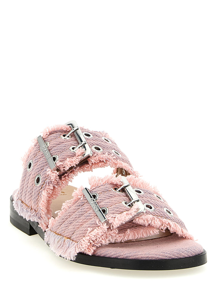 Ganni Feminine Buckle Fringed Denim Sandali - Rosa | 01268baa3a0cbfbb721d60d5809fd2215c07a0d1