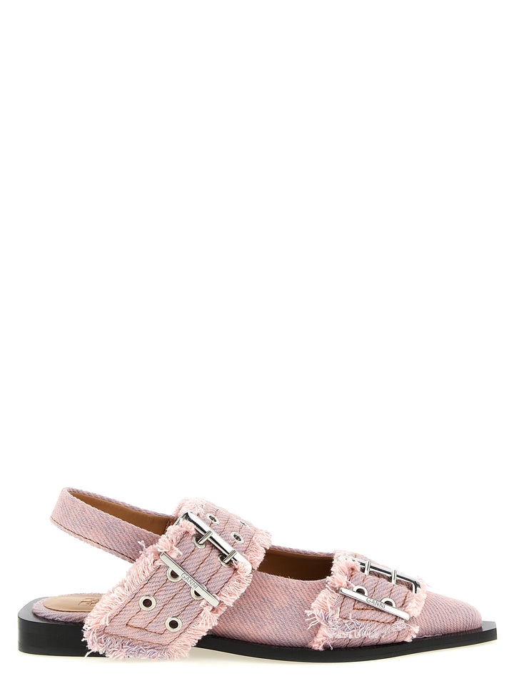 Ganni Feminine Buckle Fringed Denim Flat shoes - Rosa | cd20018c57c1ac6058d1a688070a011fd1004054