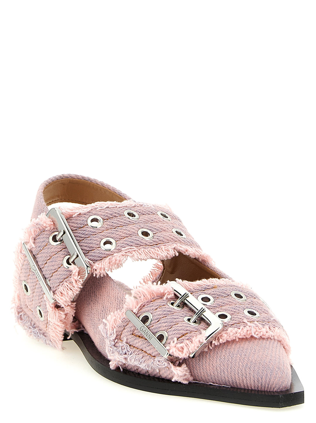Ganni Feminine Buckle Fringed Denim Flat shoes - Rosa | 7f52830913f49bd12a3d7371163f85dd9a8debfe