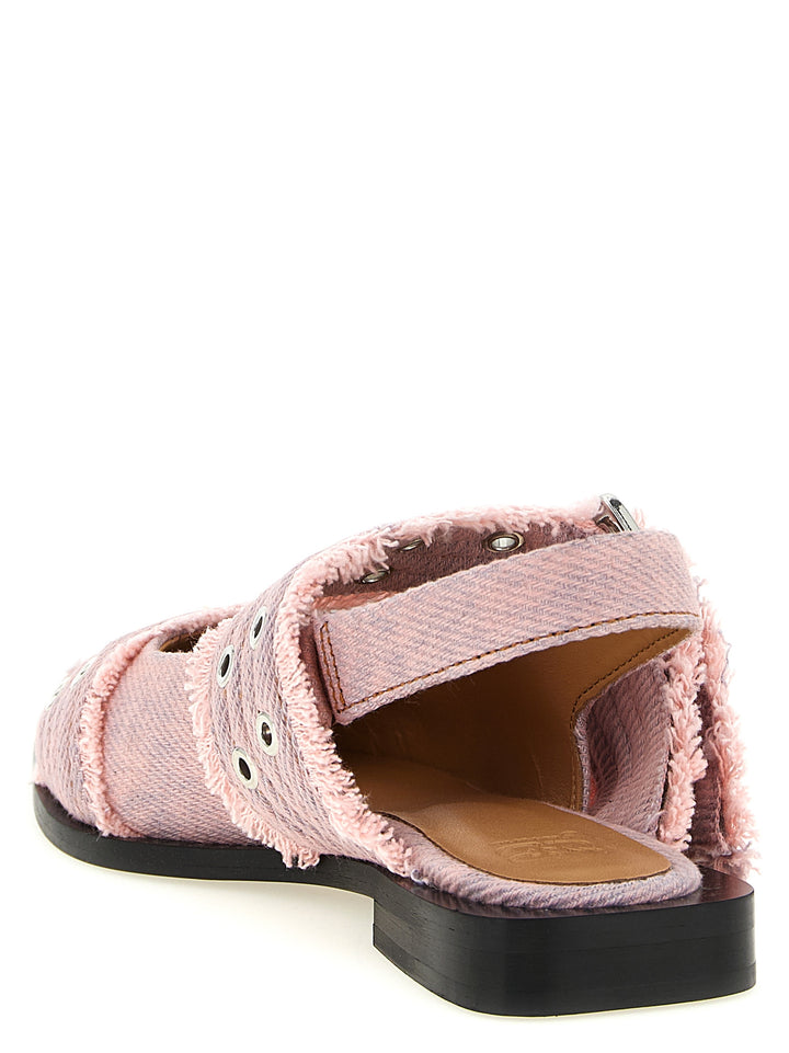 Ganni Feminine Buckle Fringed Denim Flat shoes - Rosa | 741e622d8dd08fc1b580047abcef9f4087c4c3c2