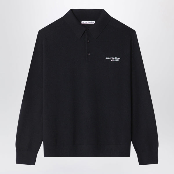 Black Woollen Polo Shirt With Embroidered Logo