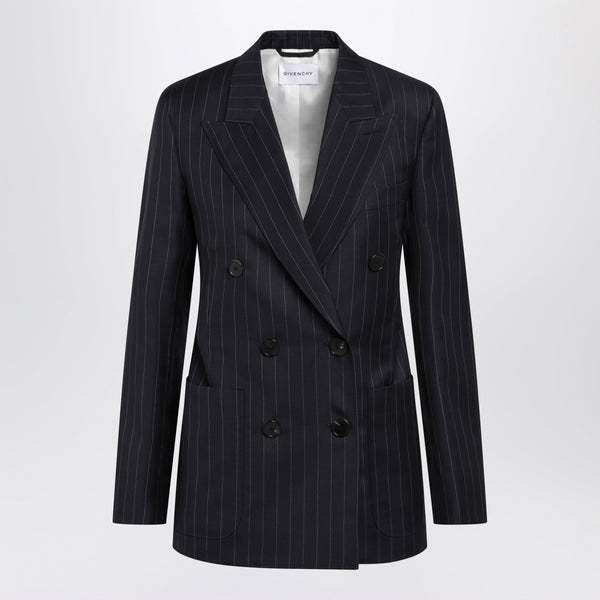 Double-Breasted Pinstripe Wool Jacket, Dark Navy