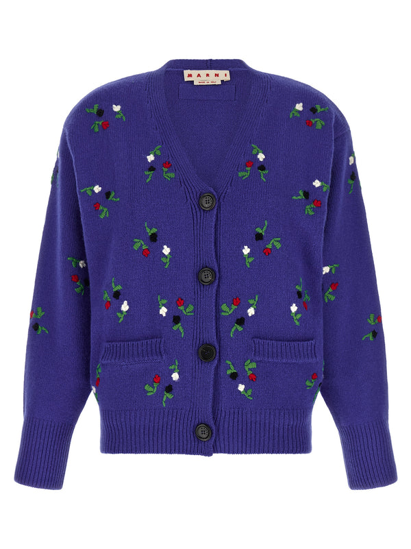 Floral Embroidery Cardigan Maglioni Blu