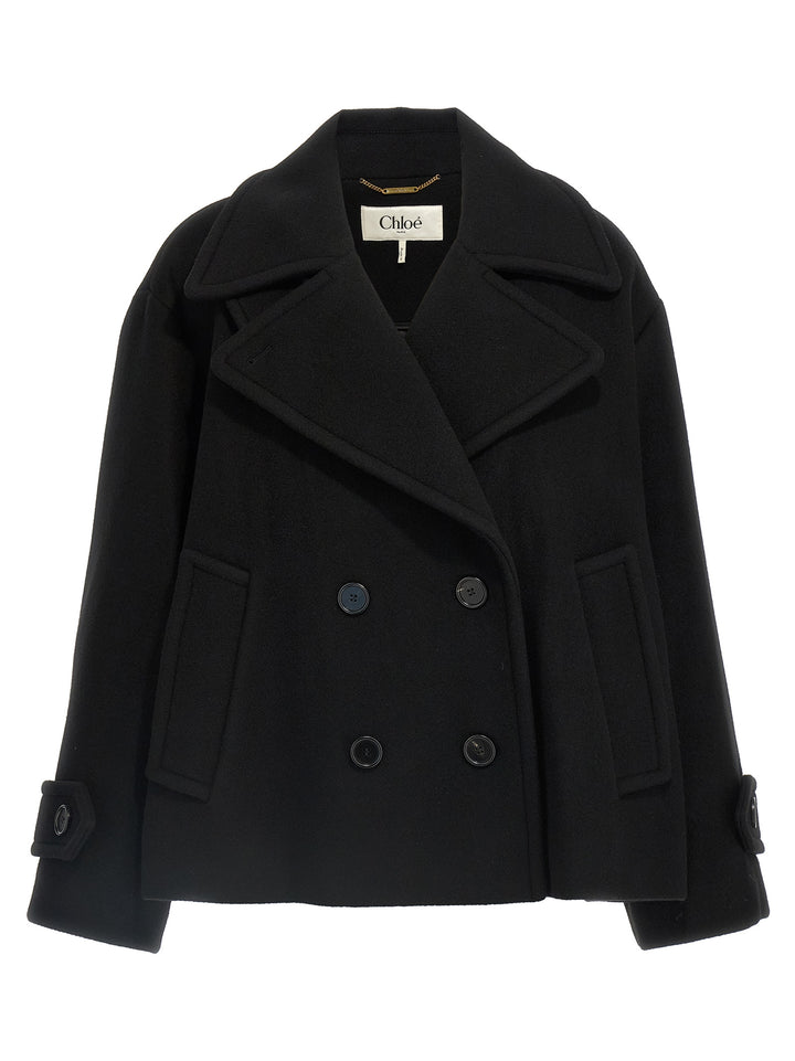 Chloé Double Breasted Wool Coat Trench e Impermeabili - Nero | 641b6f88a463c7333430d2869291efa97cedf76b