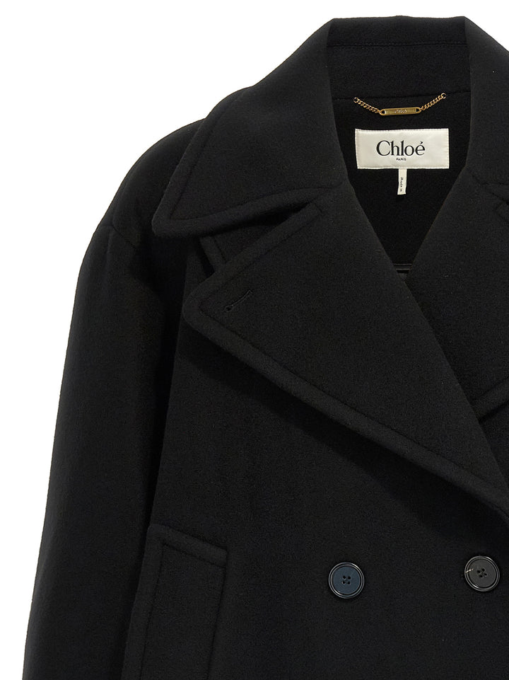 Chloé Double Breasted Wool Coat Trench e Impermeabili - Nero | b365b2f90a070c5400b3ac3399ae003216b8e964