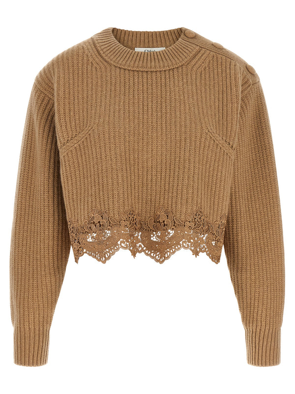 Cropped Lace Sweater Maglioni Beige