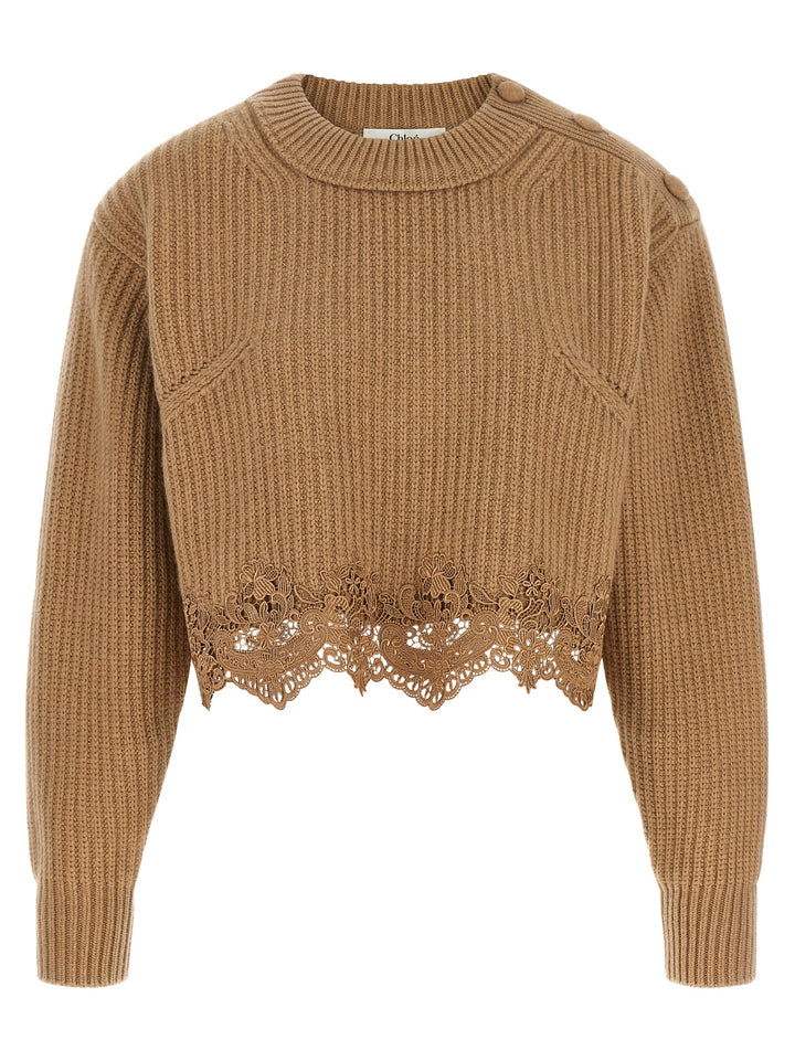 Chloé Cropped Lace Sweater Maglioni - Beige | 9e05eba1569965160d4b85a2c4fa9c0dab056c7e