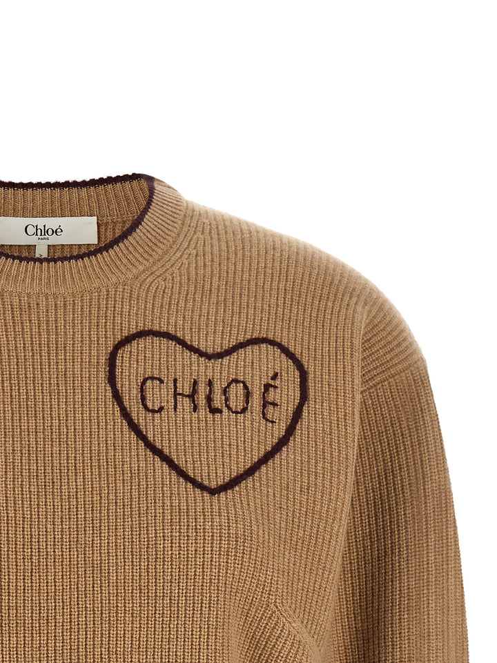 Chloé Heart Intarsia Sweater Maglioni - Beige | 37cd42c4a4eee79d24c6f947c7c96e250cbef111