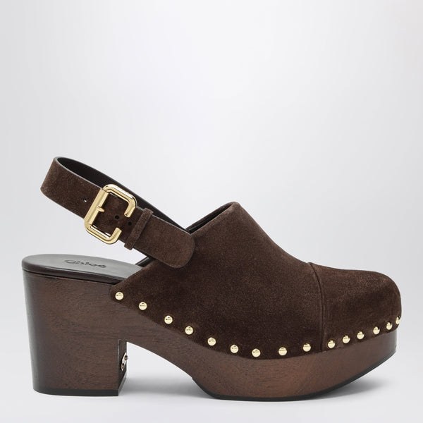 Jeannette Wedge Clogs In Suede Calfskin, Chocolate Brown