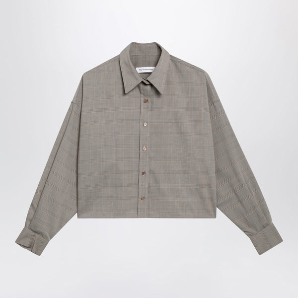 Arlen Boxy Cropped Checked Shirt In Beige Wool Blend