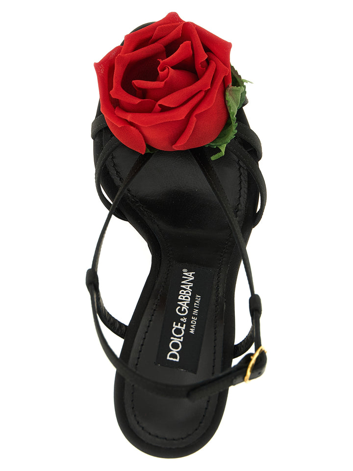 Dolce & Gabbana Satin  With Flower Sandali - Nero | 6644fa38499c7ea0bd2119c2cda675d22b7f00e4