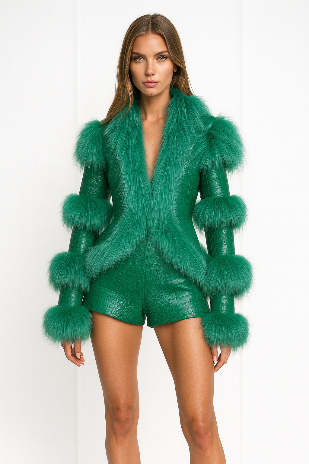 Giacca Luna Verde in Pelle e Pelliccia di Volpe