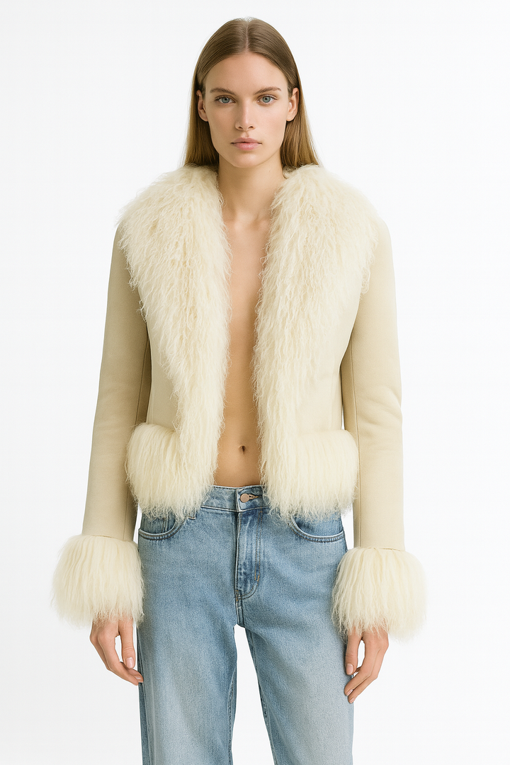 Giacca Lordes panna in camoscio e mongolia