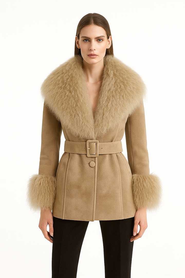 Giacca Pegghy Beige in Camoscio e Mongolia