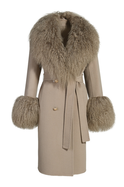Manteau Chic Kaki en Mélange Cachemire et Fourrure de Mongolie