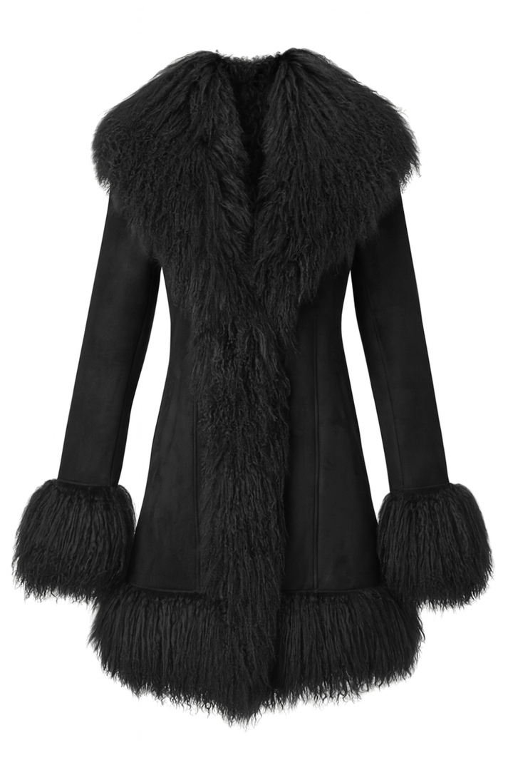 Cappotto Billy nero in camoscio e Mongolia