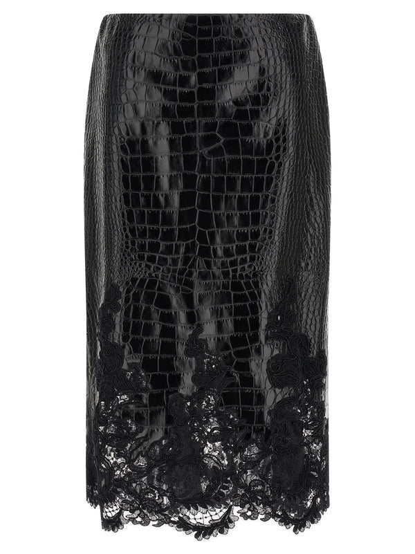 Coconut Print Sheath Skirt With Lace Gonne Nero