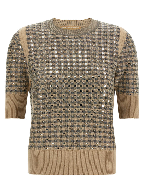 Check Knit With Crystals T-Shirt Beige