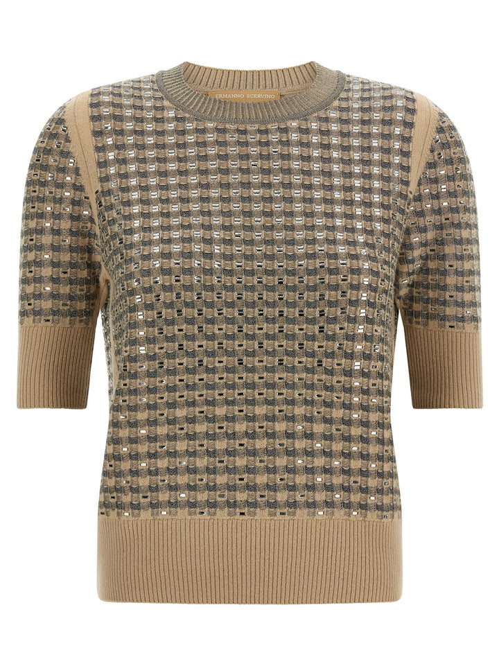Ermanno Scervino Check Knit With Crystals T shirt - Beige | e1834d711c6aefec607452f8df87b4fde957b7c7