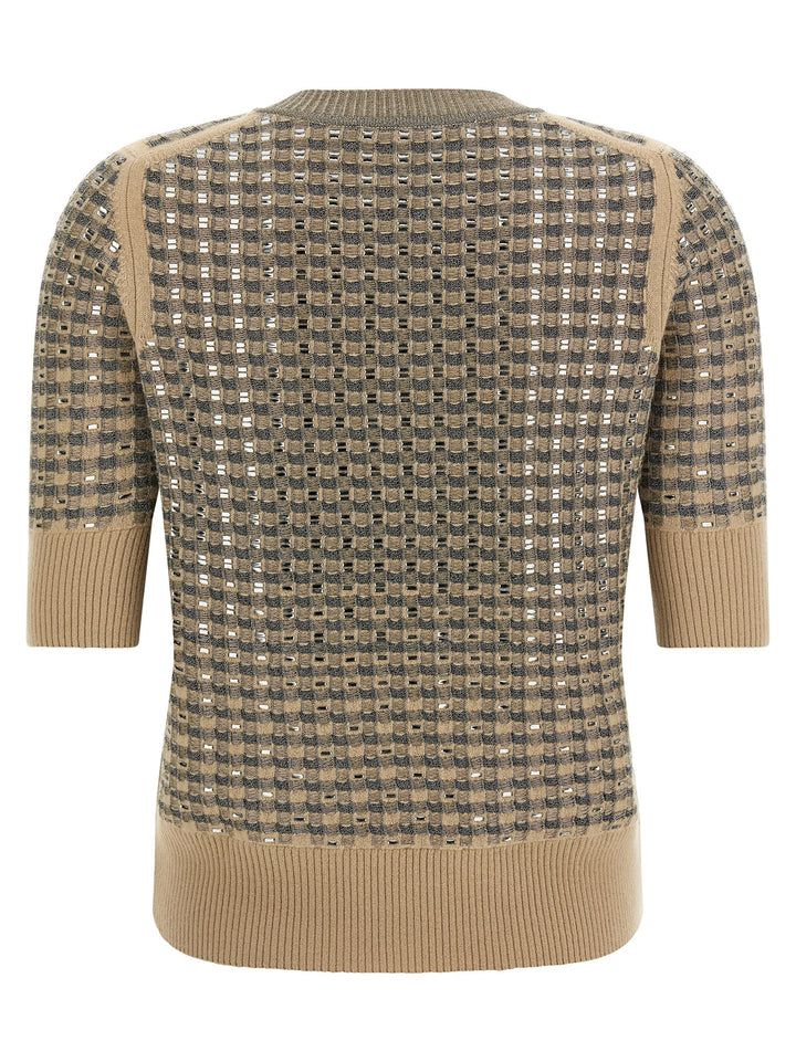 Ermanno Scervino Check Knit With Crystals T shirt - Beige | ca15431e85cc70c85485a20a0ce43a344f7f6b26