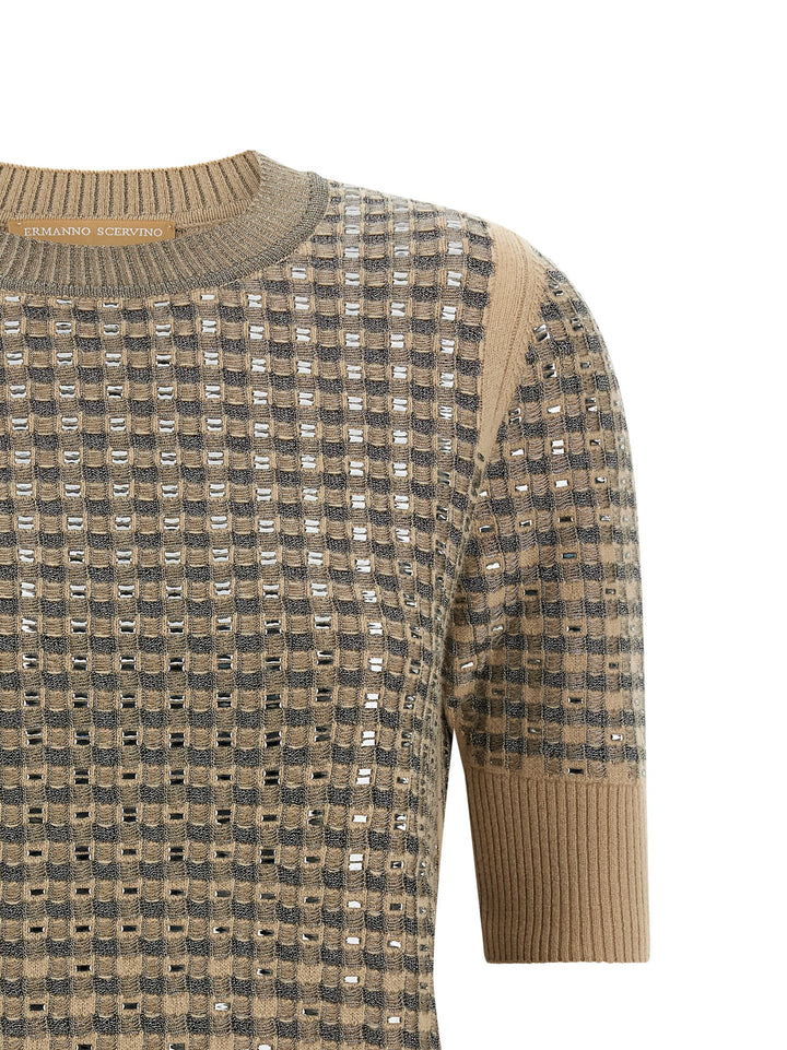 Ermanno Scervino Check Knit With Crystals T shirt - Beige | f476b53c2256e5a556e9cc6452c2927c01ea60ac