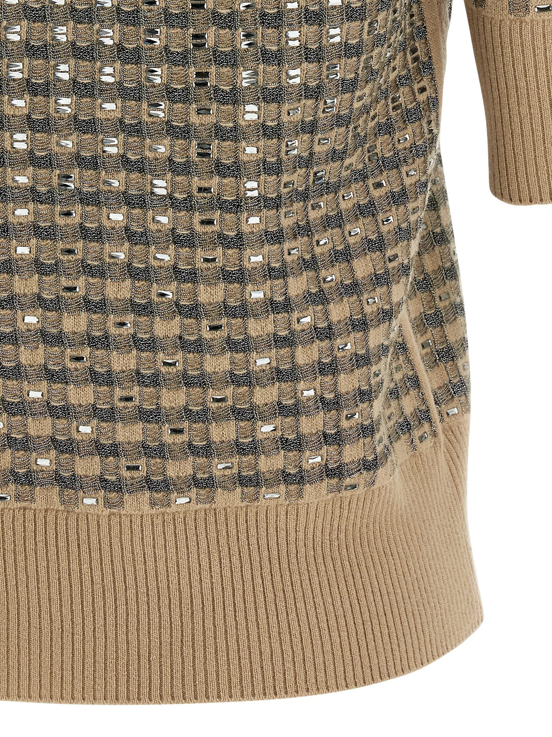 Ermanno Scervino Check Knit With Crystals T shirt - Beige | 0141c8cea8f9eb2305ea96b3a7115e9eba434bed