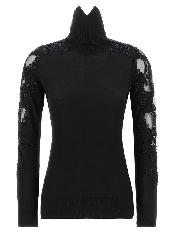 High Neck With Lace Inserts Maglioni Nero
