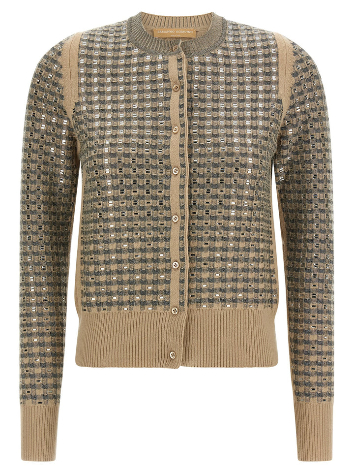 Ermanno Scervino Check Cardigan With Crystals Maglioni - Beige | 03db9f426f0d091f175e236f5b9007bf0a70cd9a