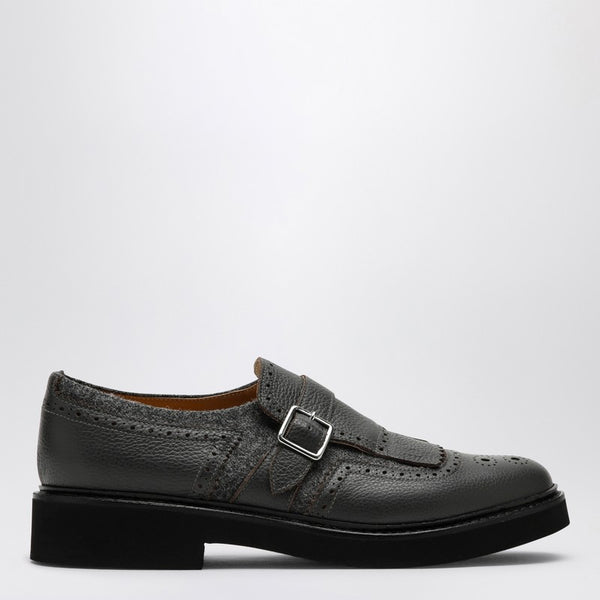 Grey Leather Shoes With Buckle And Fringes