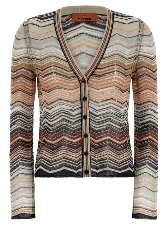 Chevron Lamé Cardigan Maglioni Marrone