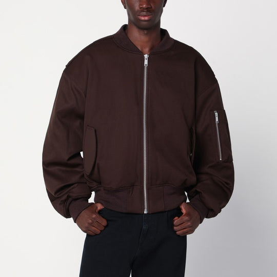 Dark Brown Zip-Up Bomber Jacket In Wool
